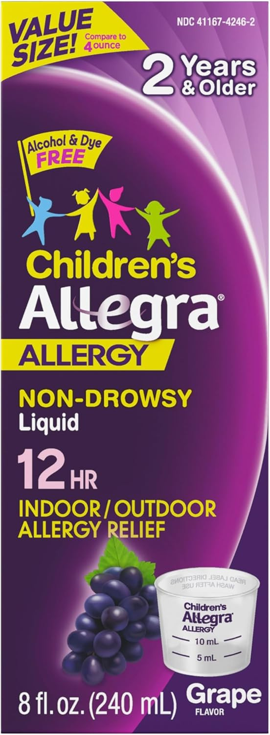 Allegra Children'S 12-Hour Allergy Relief Liquid, Non-Drowsy Indoor And Outdoor Allergy Medicine, 30 Mg Fexofenadine Hci Antihistamine For Kids, Grape Flavor, 8 Oz