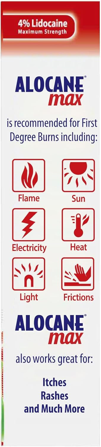 Alocane Max Emergency Burn Gel, 4% Lidocaine Hydrochloride, Antiseptic Kills 99% Of Germs, Maximum Strength Pain And Itch Relief, For Sunburns, First Aid Burn Gel With Aloe Vera 2.5 Fl Oz