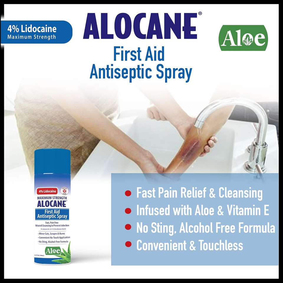 Alocane® Maximum Strength First Aid Antiseptic Spray For Fast, Pain-Free Wound Cleaning To Prevent Infection With 4% Lidocaine Hcl & 0.13% Benzalkonium Chloride, 3.5 Fl Oz