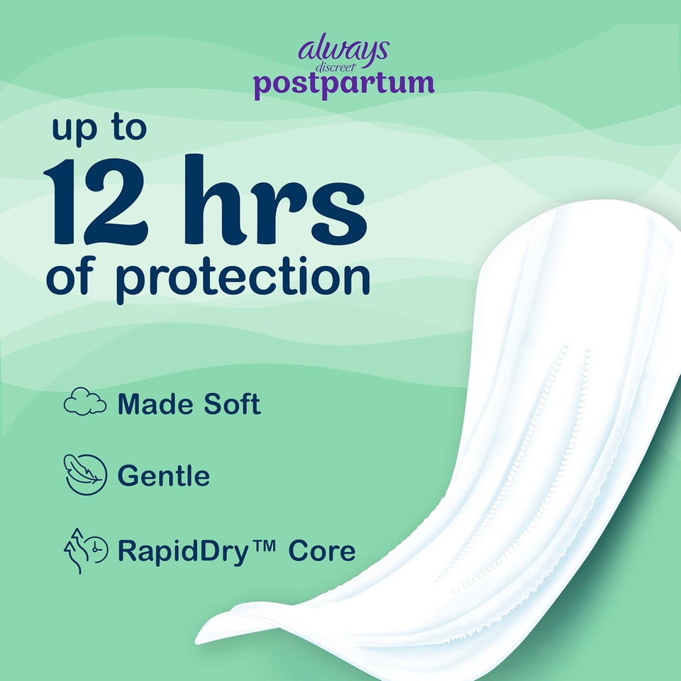 Always Discreet Postpartum Incontinence Pads, Moderate Absorbency, 57 Ct