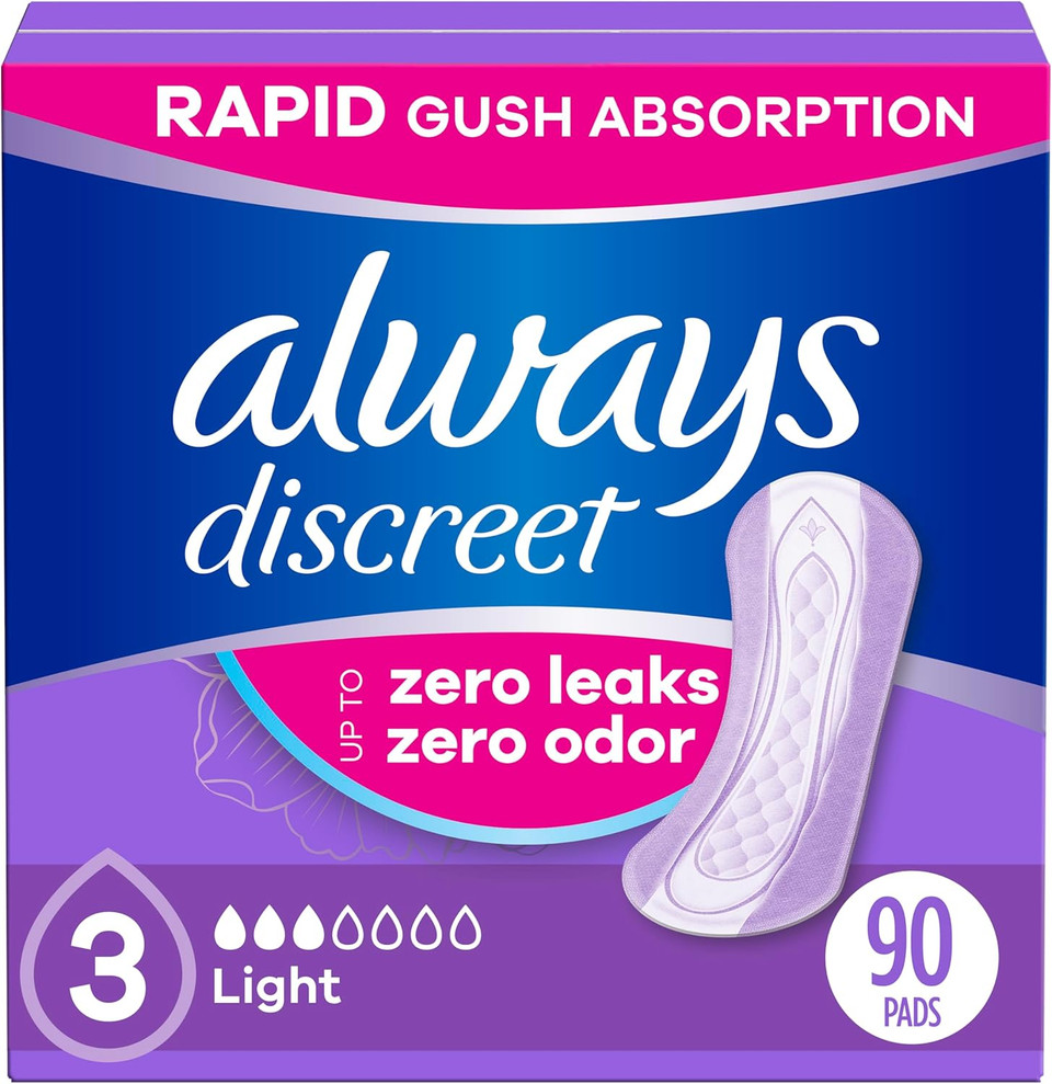 Always Discreet, Incontinence & Postpartum Liners For Women, Size 3, Light Absorbency, Regular Length, 30 Count