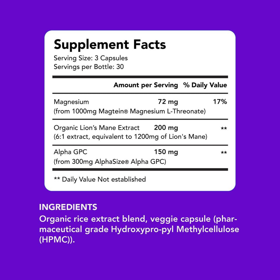 Amandean Brain Supplement. Nootropic Cognitive Support For Memory, Focus, Clarity. Magnesium L-Threonate (Magtein), Lion'S Mane Mushroom Extract, Alpha Gpc Choline Complex. 90 Veggie Capsules