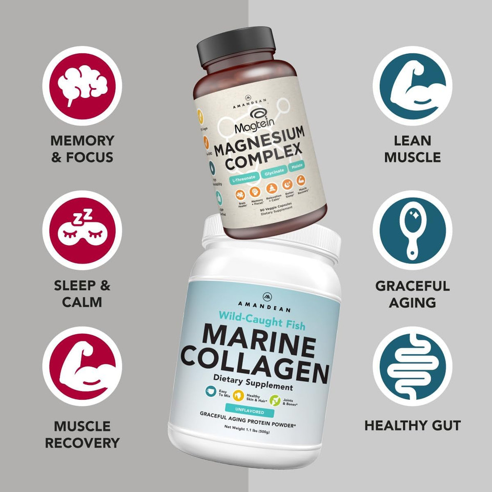 Amandean Premium Magnesium Complex & Marine Collagen Bundle. High-Absorption Magnesium Threonate, Glycinate & Malate. Wild-Caught Hydrolyzed Fish Collagen Protein. Support Quality Sleep, Skin & Mood