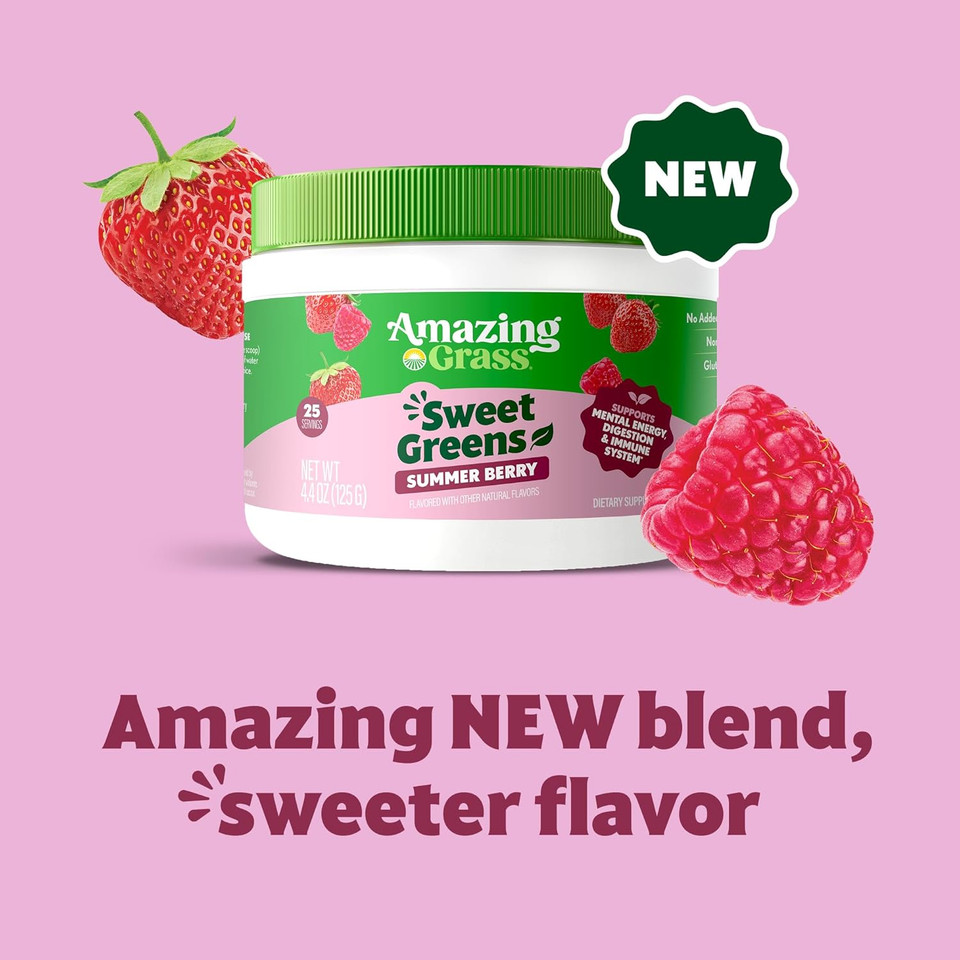 Amazing Grass Sweet Greens And Superfoods Powder For Digestive Health, Greens Powder, Digestive Enzymes, Probiotics, Spirulina, Chlorella, Summer Berry, 30 Servings