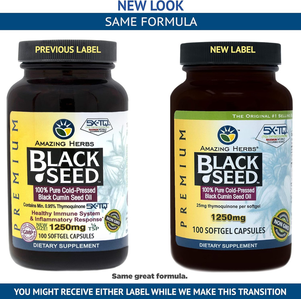 Amazing Herbs Black Seed Oil Pills 1250Mg, 100 Softgel Capsules - Cold-Pressed | Non Gmo