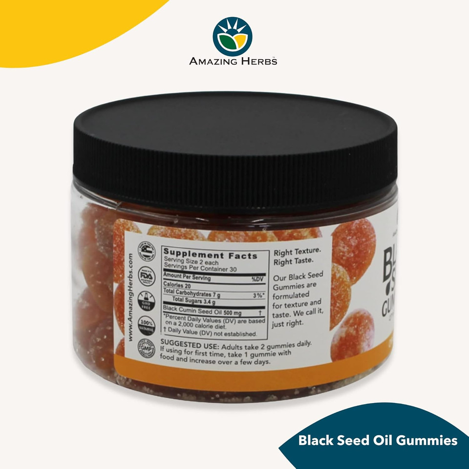 Amazing Herbs Organic Black Seed Oil Gummies - 500Mg Per Serving, Cold Pressed Black Cumin Seed, Made With Nigella Sativa, Supports Healthy Digestion - Orange Flavor 60 Count