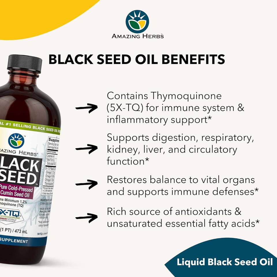 Amazing Herbs Premium Black Seed Oil - Cold Pressed Nigella Sativa Aids In Digestive Health, Immune Support, Brain Function, Gluten Free, Non Gmo - 16 Fl Oz