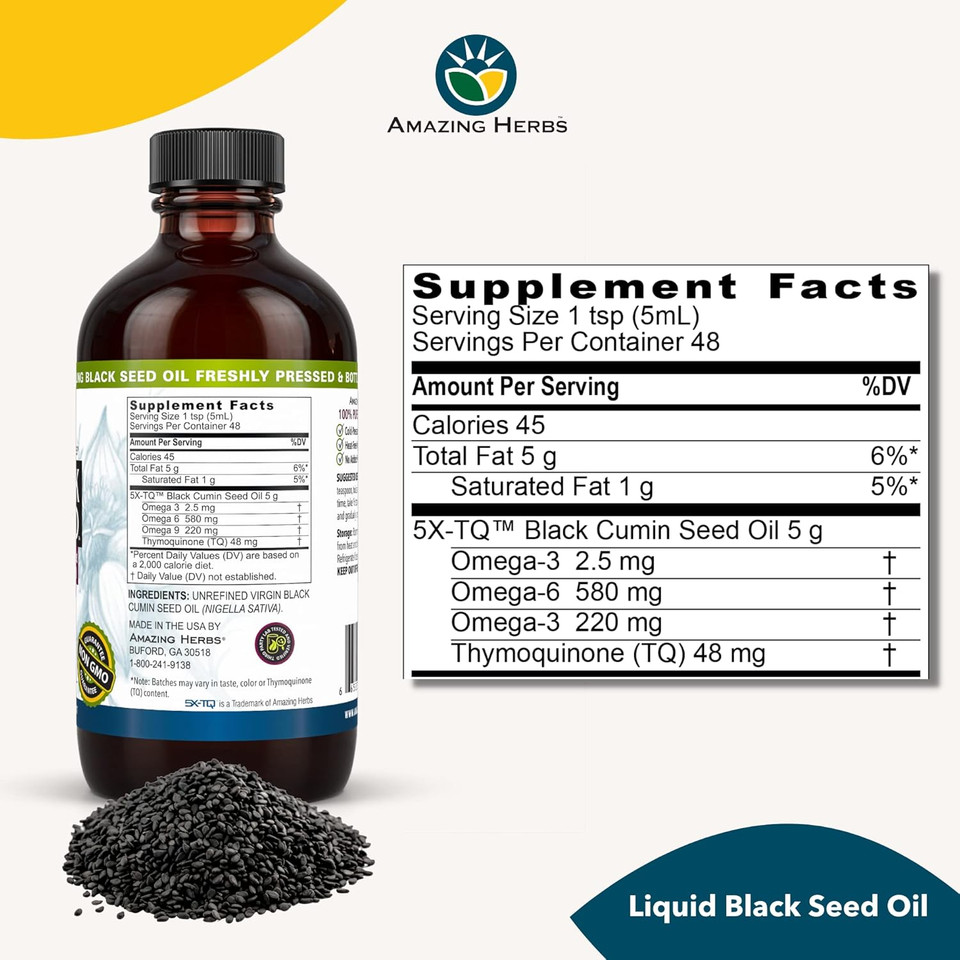 Amazing Herbs Premium Black Seed Oil - Cold Pressed Nigella Sativa Aids In Digestive Health, Immune Support, Brain Function, Joint Mobility, Gluten Free, Non Gmo - 4 Fl Oz
