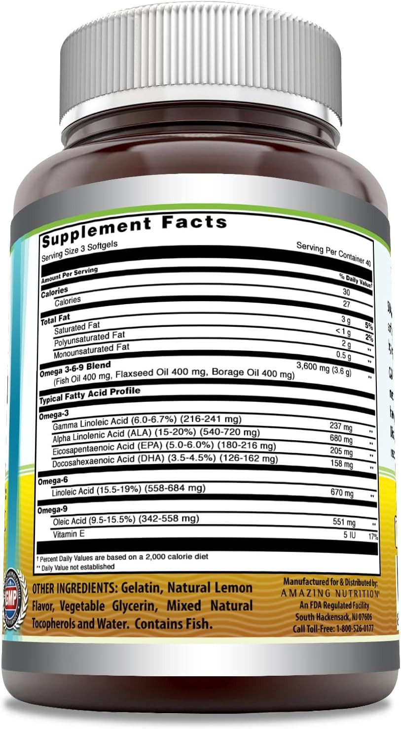 Amazing Omega 3.6.9 1200Mg,Softgels (Non Gmo,Gluten Free) Unique Formula Combining Flaxseed Oil 400 Mg,Fish Oil 400 Mg And Borage Oil 400 Mg*Rich In Omega-3,Omega-6 And Omega-9 Fatty Acids*(120 Count)
