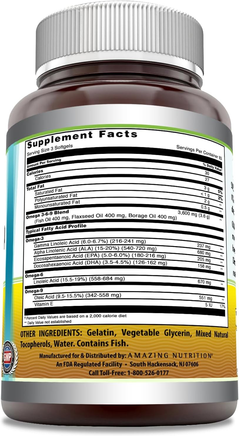 Amazing Omega 3.6.9 Supplement | 1200 Mg Per Serving | 250 Softgels | Unflavored | Non-Gmo | Gluten-Free | Made In Usa