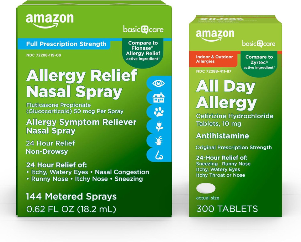 Amazon Basic Care Allergy Bundle, Allergy Relief Nasal Spray, Fluticasone Propionate, And All Day Allergy Tablets, Cetirizine Hydrochloride, 24 Hour Relief