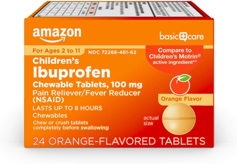 Amazon Basic Care Children'S Ibuprofen Chewable Tablets 100 Mg, Grape Flavor, Pain Reliever And Fever Reducer (Nsaid), For Sore Throat, Toothache, Headache Relief And More, 24 Count