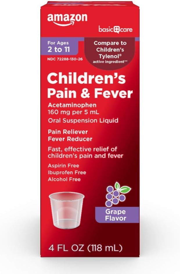 Amazon Basic Care Children'S Pain And Fever Oral Suspension Liquid, Acetaminophen 160 Mg Per 5 Ml, Bubblegum Flavor, 8 Fl Oz