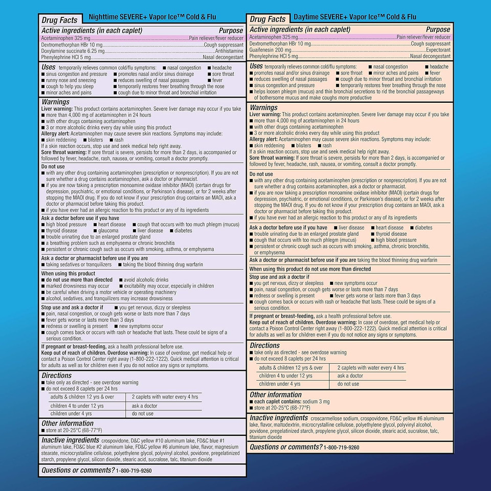 Amazon Basic Care Daytime Severe Cold & Flu Relief Caplets, Medication For Severe Cold And Flu Symptoms Like Headache, Fever, Coughing, Chest & Nasal Congestion, Vapor Ice, 24 Count