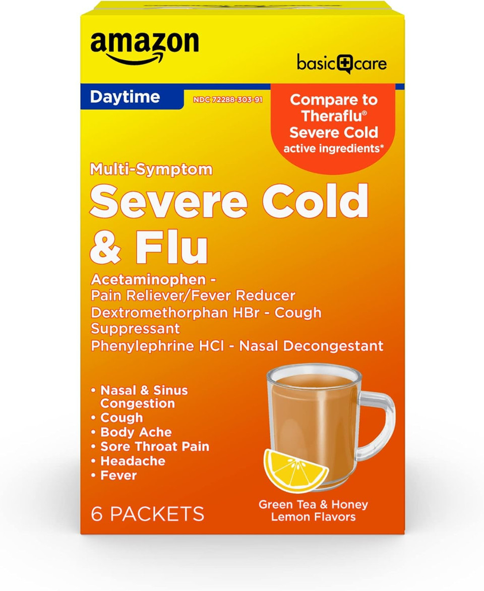 Amazon Basic Care Daytime Severe Cold And Flu Medicine Powder, Hot Liquid Therapy For Fast Relief, Non-Drowsy, Green Tea And Honey Lemon Flavors, 6 Count