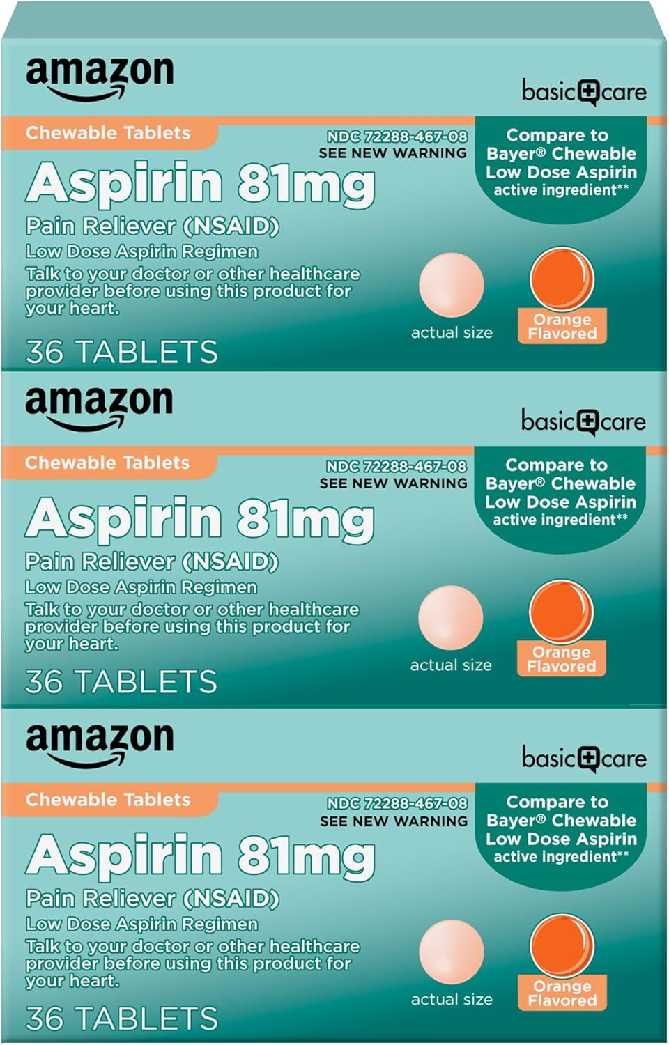 Amazon Basic Care Low Dose Chewable Aspirin 81 Mg Tablets, Pain Reliever, Orange Flavor, 36 Count