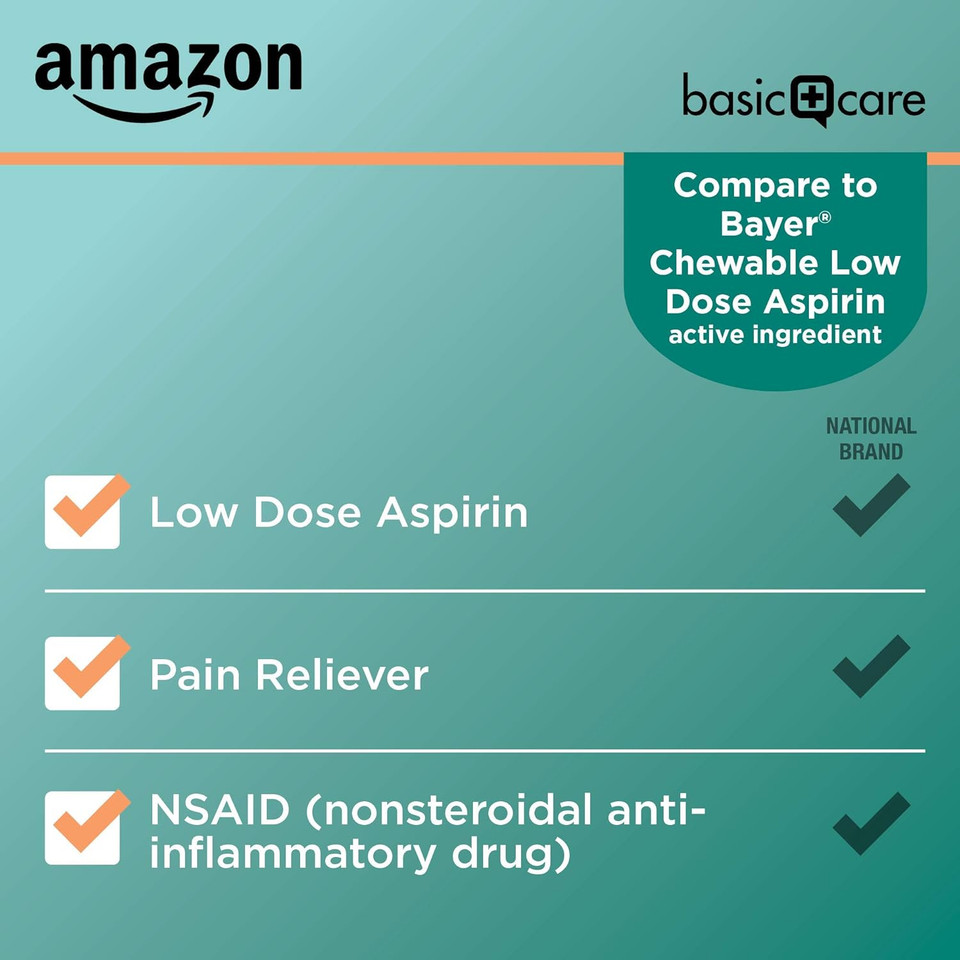 Amazon Basic Care Low Dose Chewable Aspirin 81 Mg Tablets, Pain Reliever, Orange Flavor, 36 Count