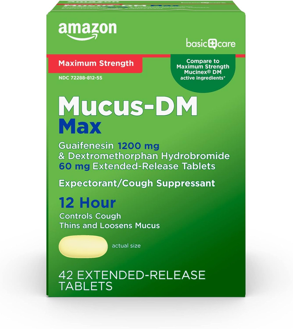 Amazon Basic Care Maximum Strength Mucus Dm, Expectorant And Cough Suppressant Extended-Release Tablets, 42 Count