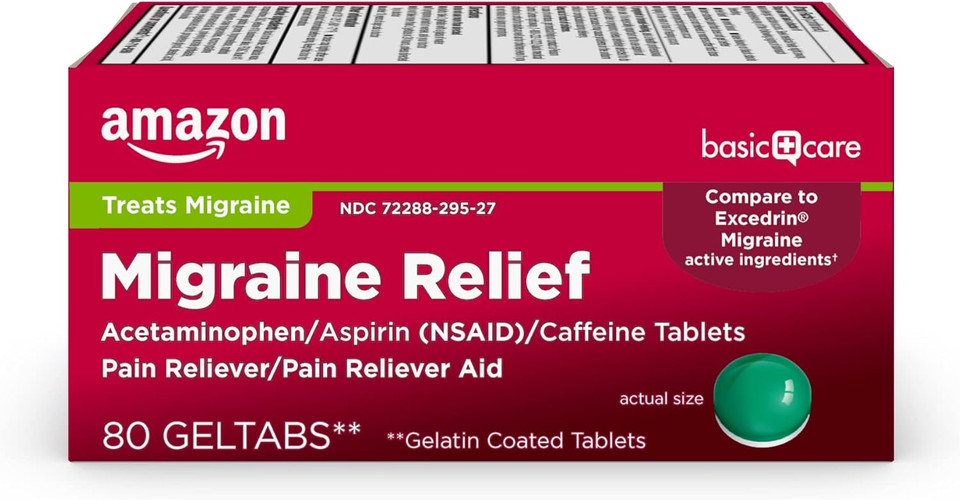Amazon Basic Care Migraine Relief Geltabs, Acetaminophen, Aspirin (Nsaid) And Caffeine, 80 Count