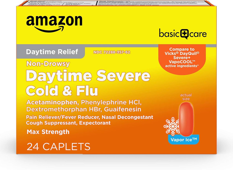 Amazon Basic Care Nighttime Severe Cold And Flu Coated Caplets, Temporarily Relieves Symptoms Like Runny Nose And Sneezing, Vapor Ice, 24 Count