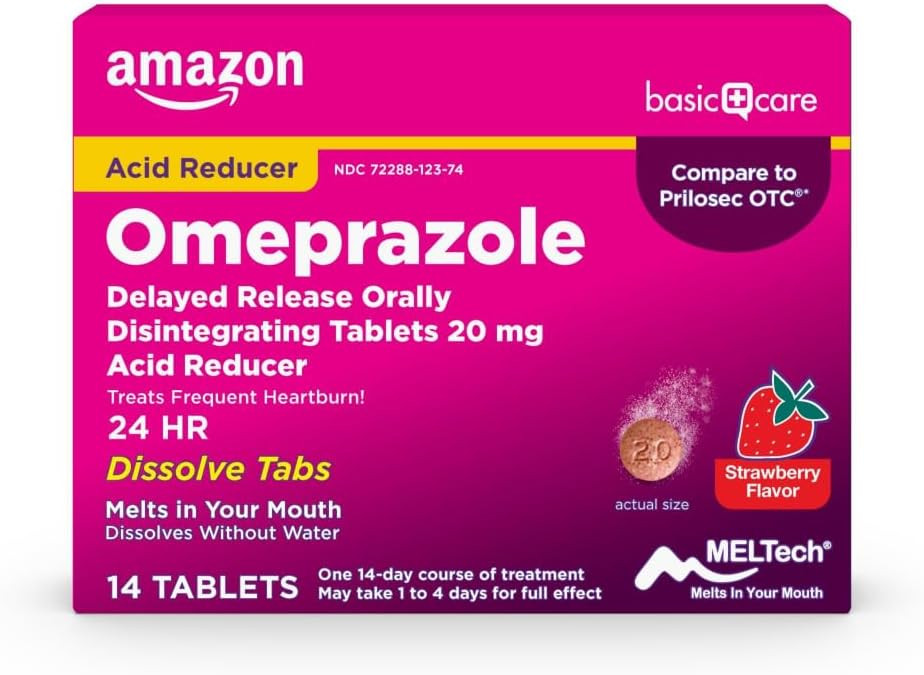 Amazon Basic Care Omeprazole Delayed Release Orally Disintegrating Tablets, Strawberry Flavor, 42 Count