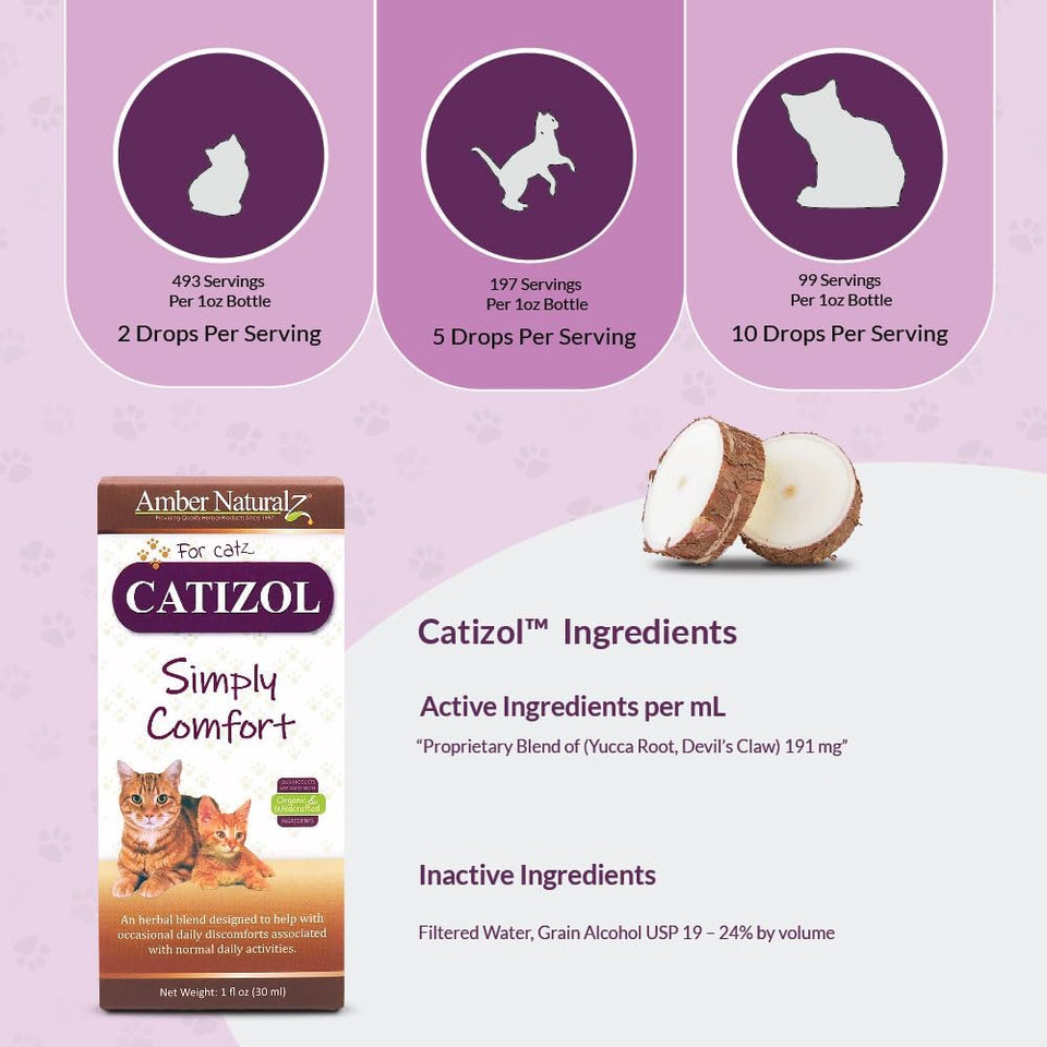 Amber Naturalz Catizol Simply Comfort Herbal Supplement For Cats | Feline Support For Occasional Discomforts And Normal Body Temperature | 1 Fluid Ounce Glass Bottle | Manufactured In The Usa
