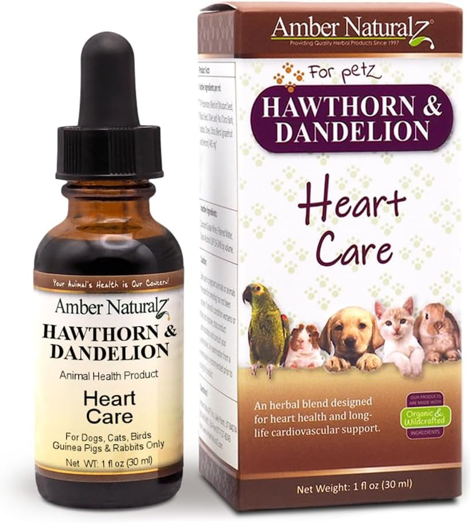 Amber Naturalz Hawthorn And Dandelion Herbal Supplement For Dogs, Cats, Birds, Guinea Pigs, And Rabbits | Pet Herbal Supplement For Heart Care | 4 Fluid Ounce Glass Bottle | Manufactured In The Usa