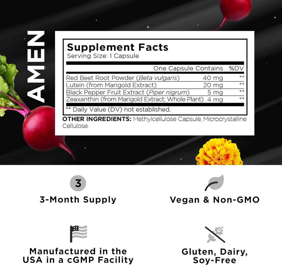 Amen Eyes Lutein Zeaxanthin Supplement - Eyes Vitamins - Lutein And Zeaxanthin From Marigold Extract, Red Beet Root Powder, Black Pepper Fruit Extract - 3-Month Supply Eye Care - Non-Gmo - 90 Capsules
