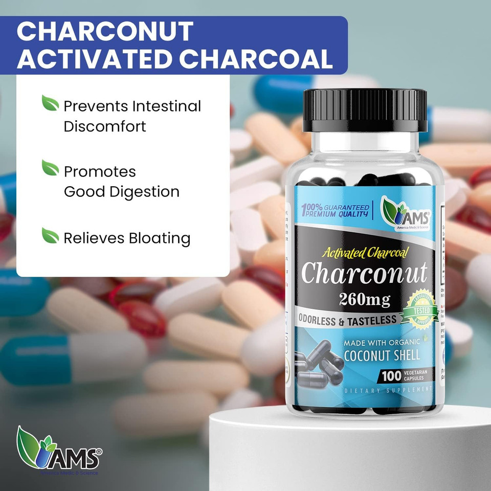 America Medic & Science Charconut 260Mg (200 Capsules) | Activated Charcoal Supplement For Men & Women | Made With Coconut Husk | Promotes Better Stomach And Digestive Health | Gas & Bloating Relief