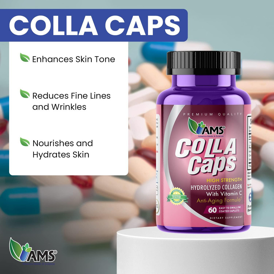 America Medic & Science Colla Caps (60 Caplets) | Collagen And Hyaluronic Acid Supplement With Vitamin C | For Men And Women | Repairs And Restores Skin Elasticity | Promotes Healthy Hair Growth