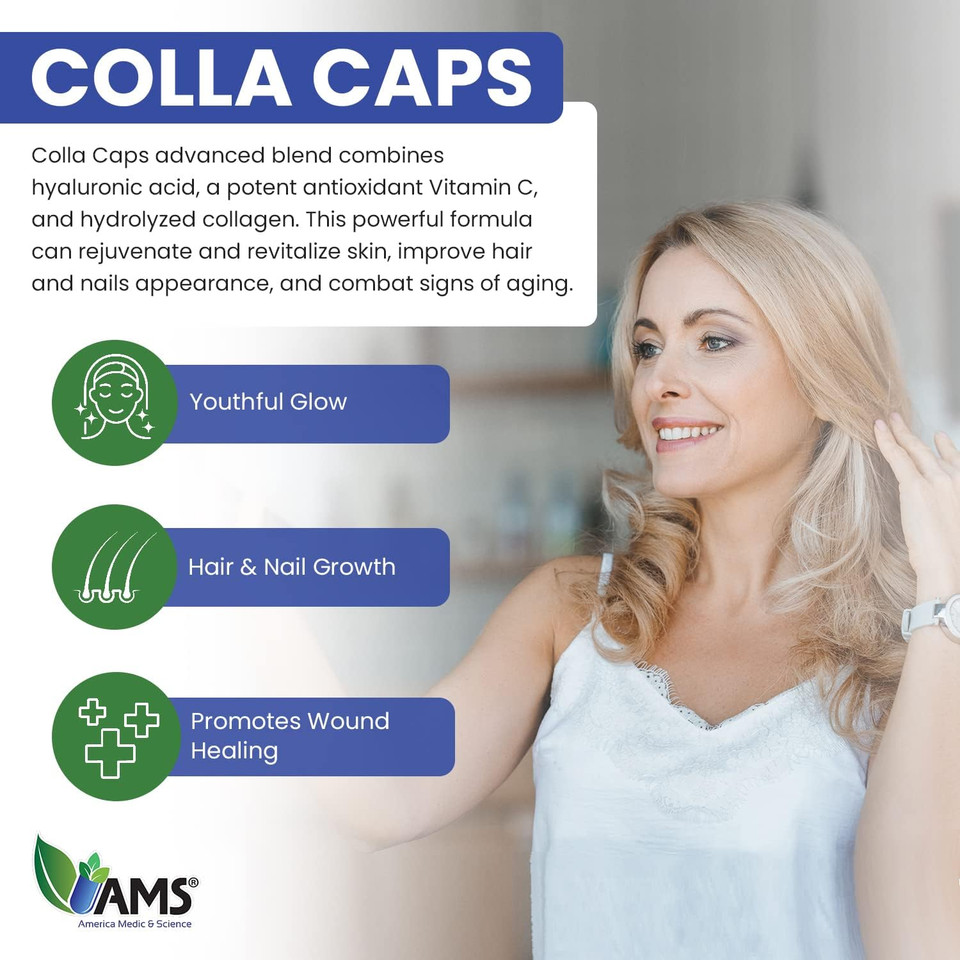 America Medic & Science Colla Caps (60 Caplets) | Collagen And Hyaluronic Acid Supplement With Vitamin C | For Men And Women | Repairs And Restores Skin Elasticity | Promotes Healthy Hair Growth