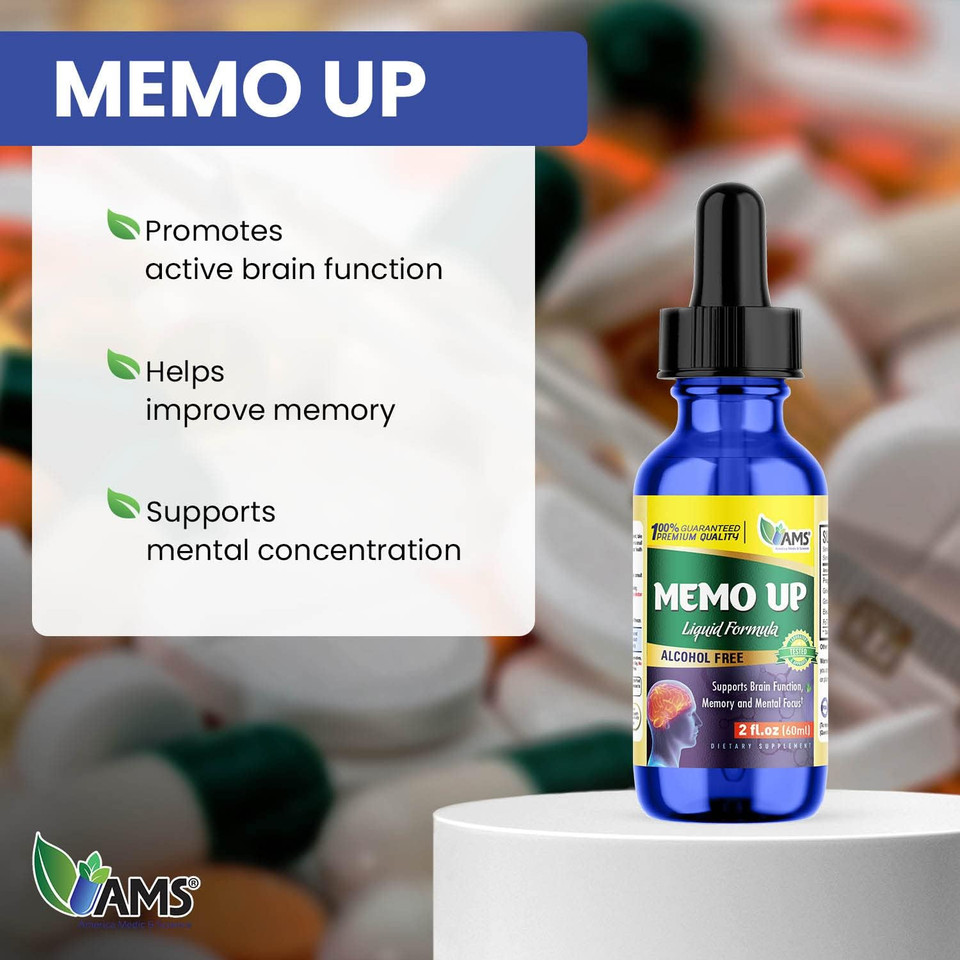 America Medic And Science Memo Up (60 Ml) | Liquid Herbal Supplement For Children, Teens, And Adults | Brain Vitamin Drops With Ginkgo Biloba Leaf Extract | Boosts Memory, Focus, And Blood Flow