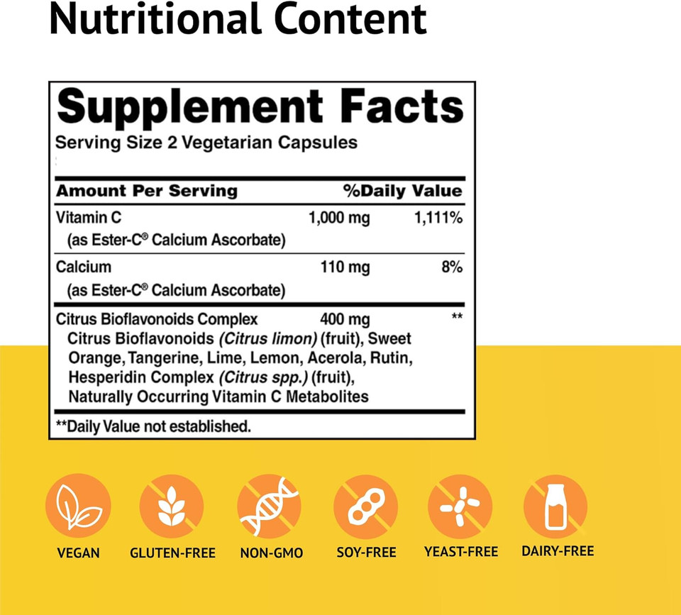 American Health Ester-C 500 Mg With Citrus Bioflavonoids - 120 Vegetarian Capsules - 24-Hour Immune Support - Non-Gmo, Vegan, Gluten Free - 60 Servings