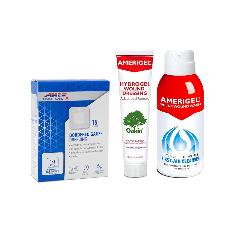 Amerigel Total First Aid Bundle - Small - Hydrogel Wound Dressing (1 Oz.) - Saline Wound Wash First Aid Cleansing Solution (4 Fl. Oz.) - Bordered Gauze Adhesive Bandages (15 Pads)