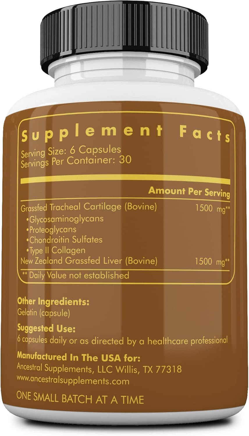 Ancestral Supplements Grass Fed Beef Tracheal Cartilage Supplement With Liver, 3000Mg, Immune Health And Joint Support Supplement Promotes Healing, Non-Gmo, 180 Capsules