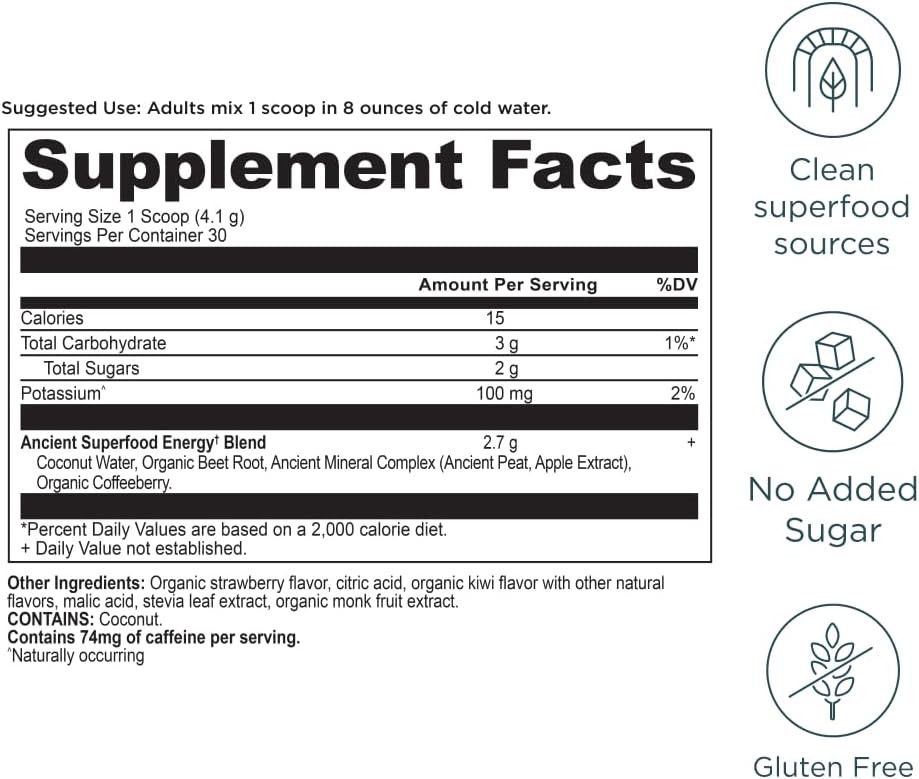 Ancient Nutrition Clean Energy Powder, Strawberry Kiwi, Supports Healthy Energy And Cognitive Health, Promotes Mental Alertness And Focus, 30 Servings