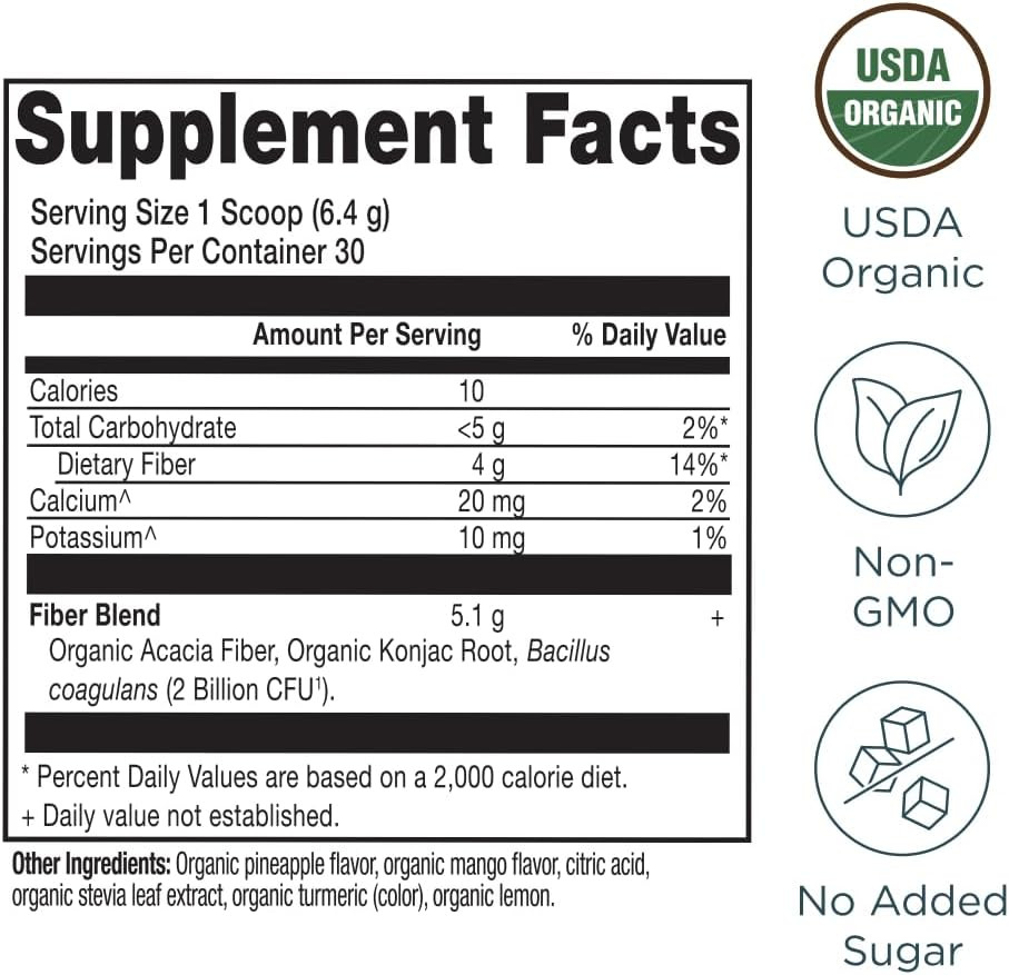 Ancient Nutrition Organic Fiber Powder, Pineapple Mango, Soluble Fiber From Acacia & Konjac Root, Supports Digestive Health, Reduces Bloating, 13.5 Oz