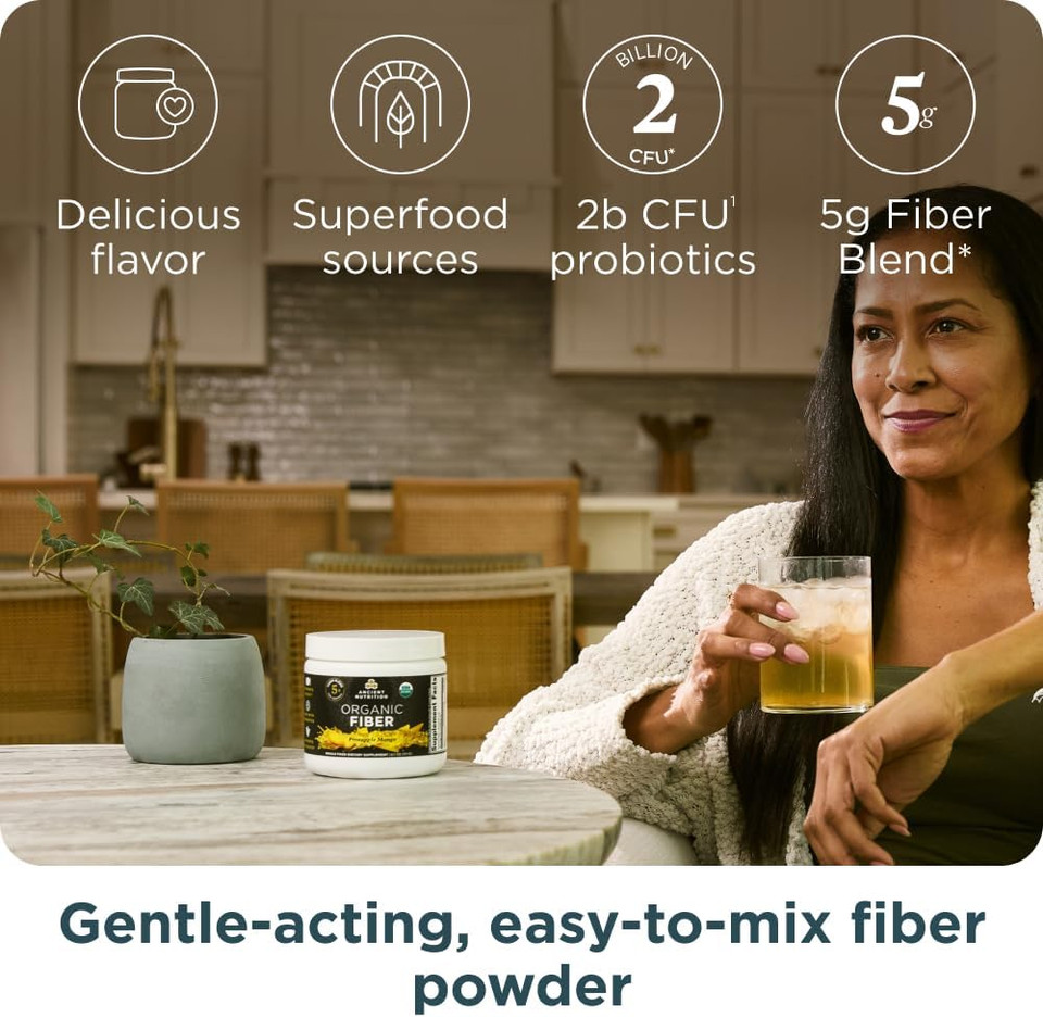 Ancient Nutrition Organic Fiber Powder, Pineapple Mango, Soluble Fiber From Acacia & Konjac Root, Supports Digestive Health, Reduces Bloating, 13.5 Oz