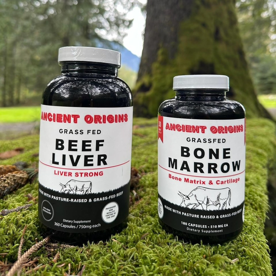 Ancient Origins Grass Fed Beef Liver 360 Capsules, 750 Mg Each And Bone Marrow 180 Capsules 510 Mg Each