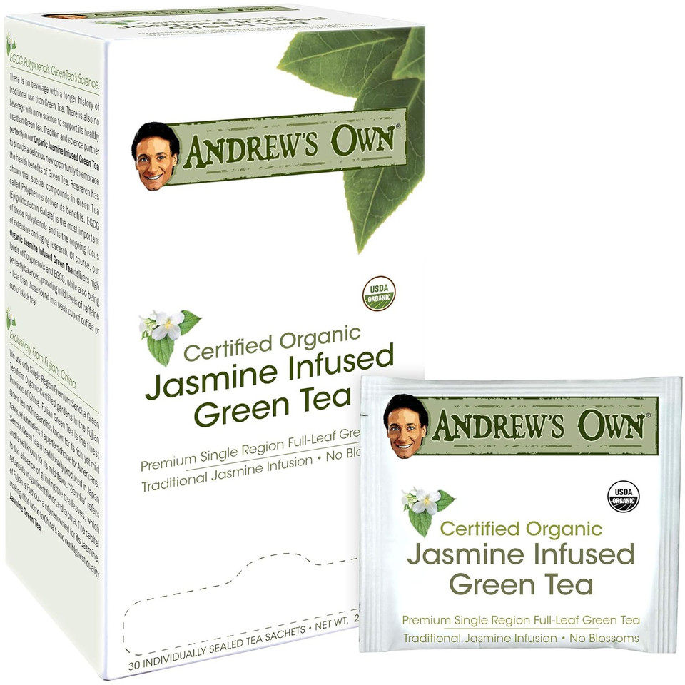 Andrew Lessman Jasmine Infused Green Tea, 90 Sachets, Organic-Certified Gardens, High Polyphenols & Egcg, Mild Flavor, Caffeinated, Fujian China