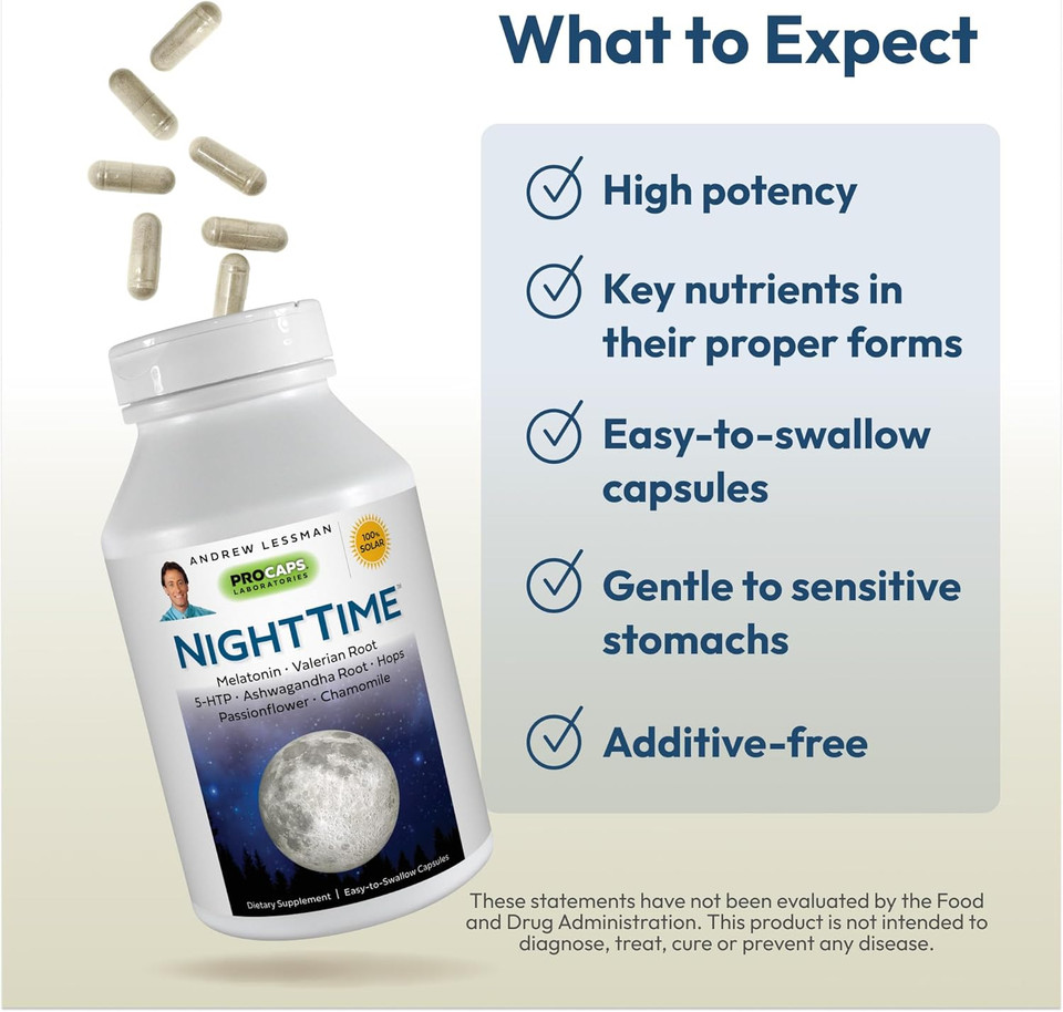Andrew Lessman Night Time 180 Capsules - 3Mg Melatonin, Valerian, Ashwagandha, Passionflower, Hops, Chamomile. Natural Support, Gentle Restful Sleep. Easy To Swallow Capsules