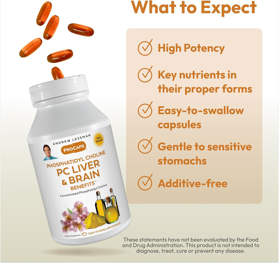 Andrew Lessman Pc Liver And Brain Benefits 60 Softgels - Phosphatidyl Choline, Most Important Building Block For Healthy Liver And Brain Structure, Function. No Additives. Easy To Swallow Softgels