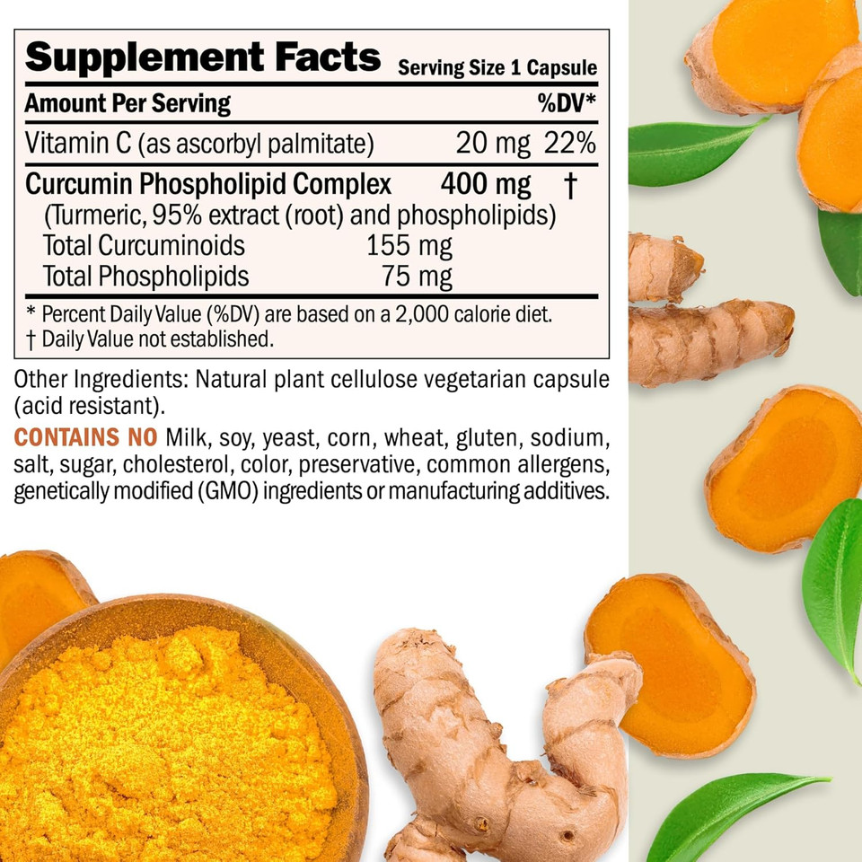 Andrew Lessman Turmeric 400Mg - 60 Capsules - 95% Curcuminoids As Phospholipid Complex For Optimum Benefits And Absorption, High Potency Standardized Extract, Small Easy To Swallow Capsules