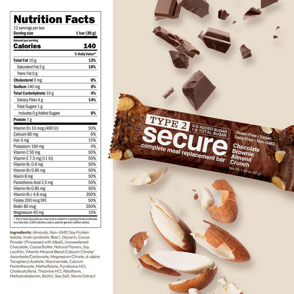 Andrew Lessman Type 2 Secure Complete Meal Replacement Bars  Chocolate Brownie Almond Crunch  12 Ct Box  7G Protein, 0G Added Sugar, 1G Total Sugar, 16 Essential Vitamins & Minerals, Gluten-Free, Dairy-Free, Vegan, Non-Gmo