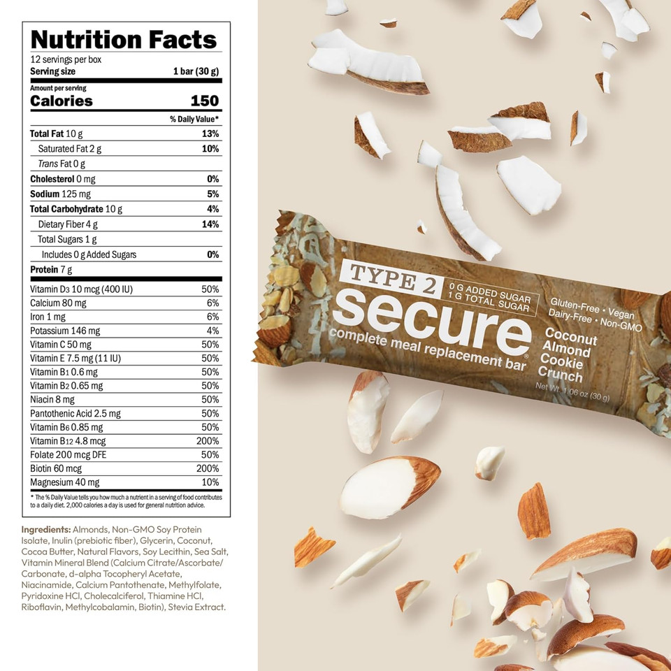 Andrew Lessman Type 2 Secure Complete Meal Replacement Bars  Coconut Almond Cookie Crunch  12 Ct Box  7G Protein, 0G Added Sugar, 1G Total Sugar, 16 Essential Vitamins & Minerals, Gluten-Free, Dairy-Free, Vegan, Non-Gmo