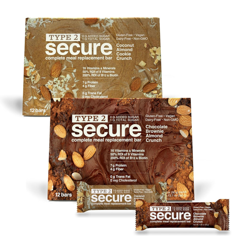 Andrew Lessman Type 2 Secure Meal Bars  Variety (Chocolate Brownie Almond Crunch, Peanut Butter Chocolate Chip)  24 Ct Box  7G Protein, 0G Added Sugar, 1G Total Sugar, Gluten & Dairy Free