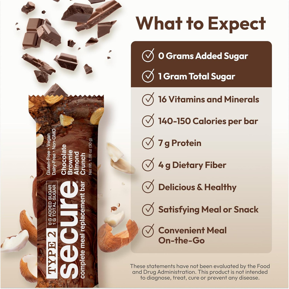 Andrew Lessman Type 2 Secure Meal Bars  Variety (Chocolate Brownie Almond Crunch, Peanut Butter Chocolate Chip)  24 Ct Box  7G Protein, 0G Added Sugar, 1G Total Sugar, Gluten & Dairy Free