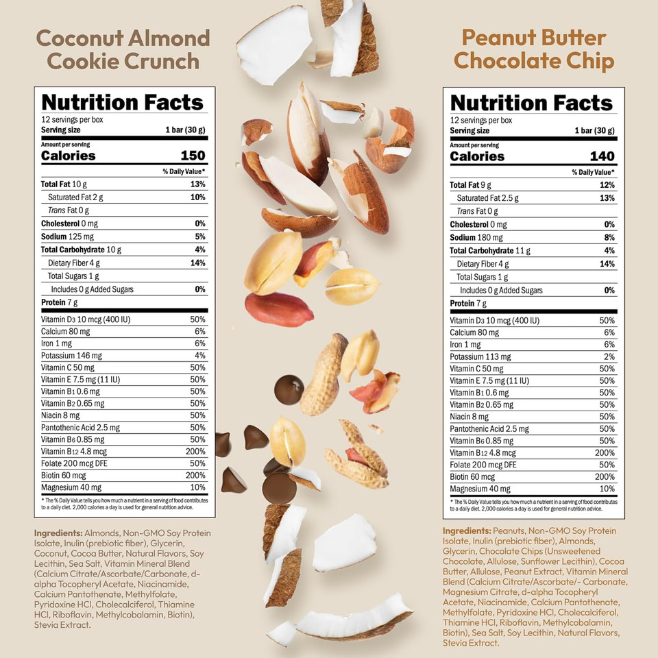 Andrew Lessman Type 2 Secure Meal Bars  Variety (Coconut Almond Cookie Crunch, Peanut Butter Chocolate Chip)  24 Ct Box  7G Protein, 0G Added Sugar, 1G Total Sugar, Gluten & Dairy Free, Non-Gmo