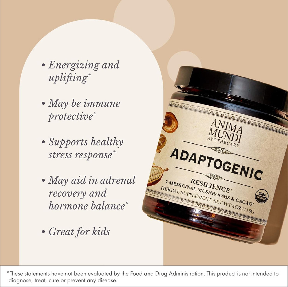 Anima Mundi Apothecary Organic Mushroom Supplement - Adaptogenic Mushrooms + Cacao - Uplifting Powder With Organic Lion'S Mane, Shiitake, Chaga & More - Add To Coffee, Tea & Smoothies (4Oz / 113G)