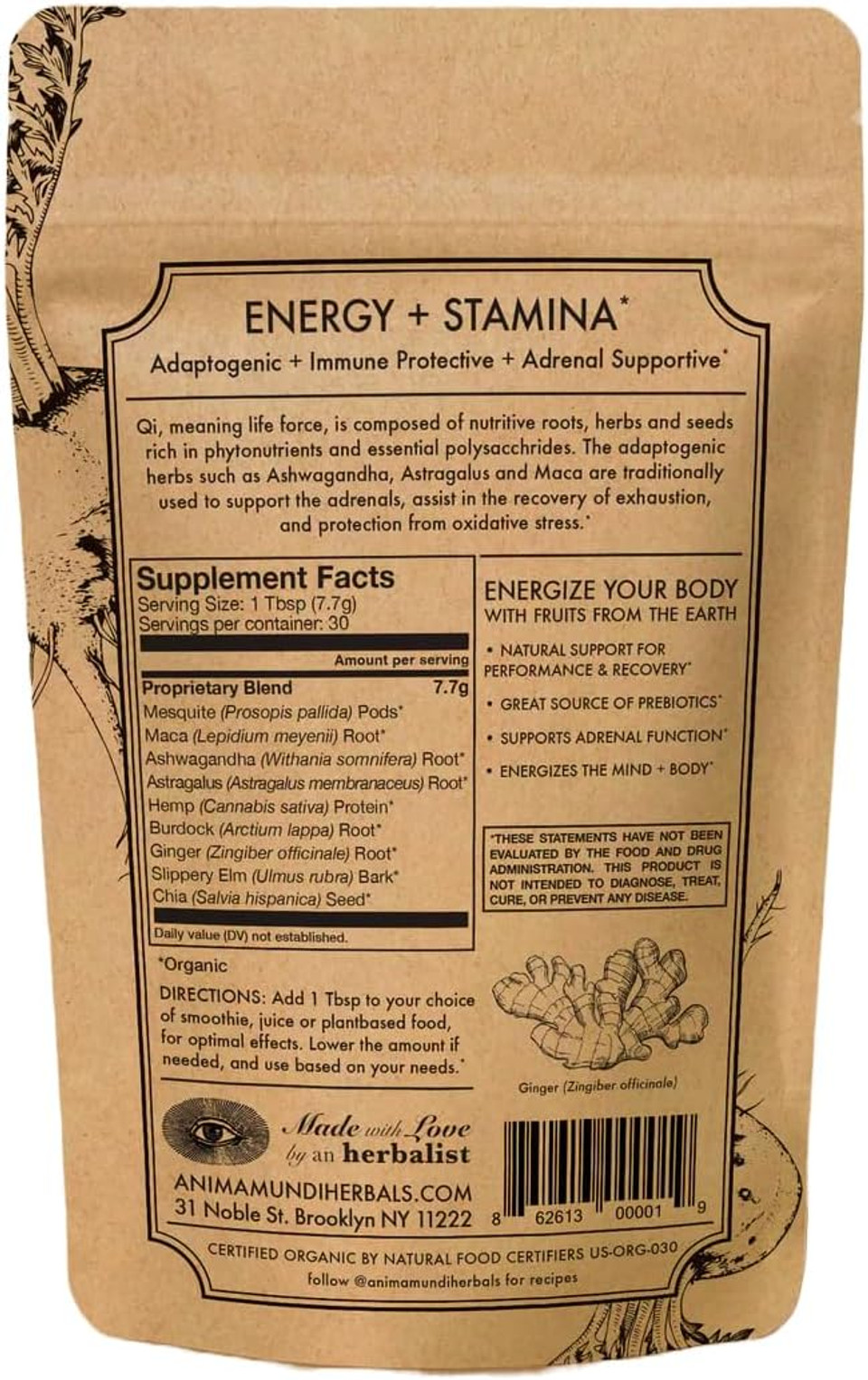 Anima Mundi Apothecary Qi Energy & Protein Superfood Powder - Adaptogenic Adrenal Support Supplement With Ashwagandha & Slippery Elm - Mood & Energy Support Supplement & Protein Powder (8Oz / 227G)
